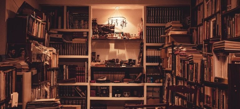 a dark room with shelves stocked with books, music albums and figurines