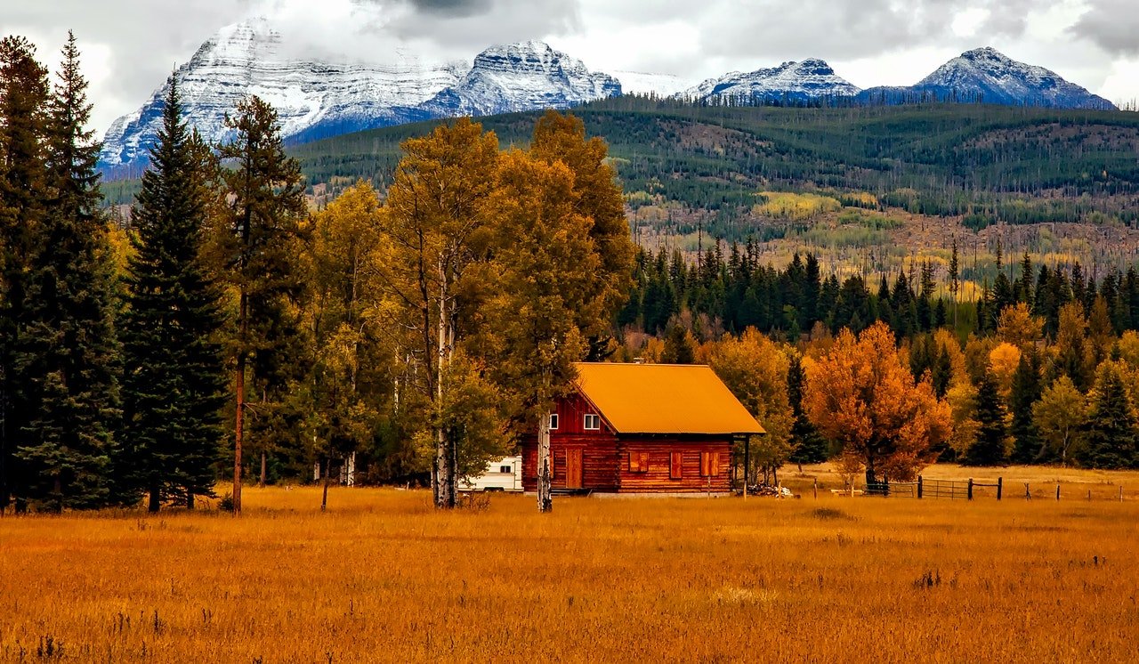 a lone house in the woods with the mountains behin it to represent the rural part of Colorado