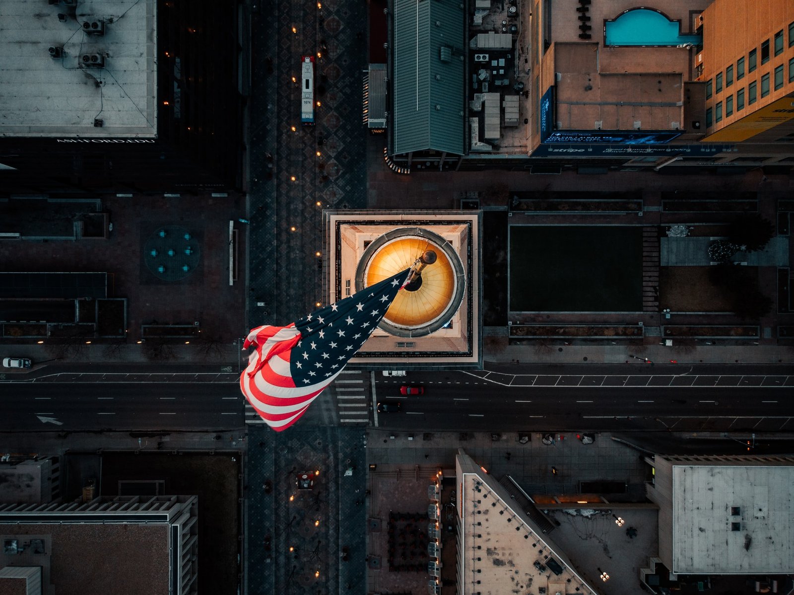 Aerial view of the US flag on the top of the building in Denver