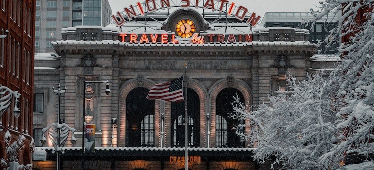 The union station in front of a snow-covered road during winter