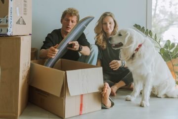 woman in black t shirt sitting behind white dog and near man, in front of them a lot of cardboard boxes